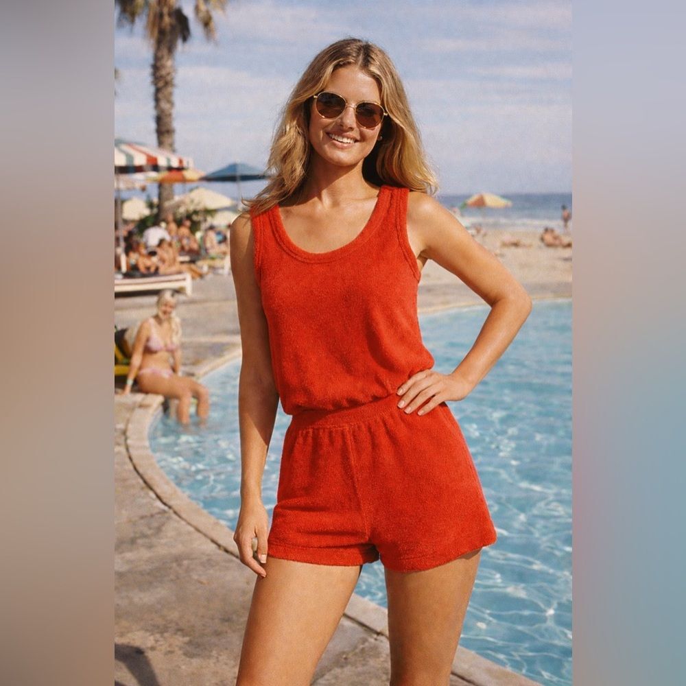 Vintage Union Made 70s Women's Red Terrycloth Tank Shorts Set Swim Cover-Up M/L